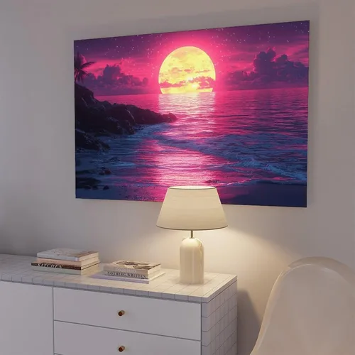 Vista 7 de Synthwave Retro Futurism Wall Art – Surreal Geometric Landscape Canvas – Unique Aesthetic Poster for Office Or Living Room Poster Print for Teen