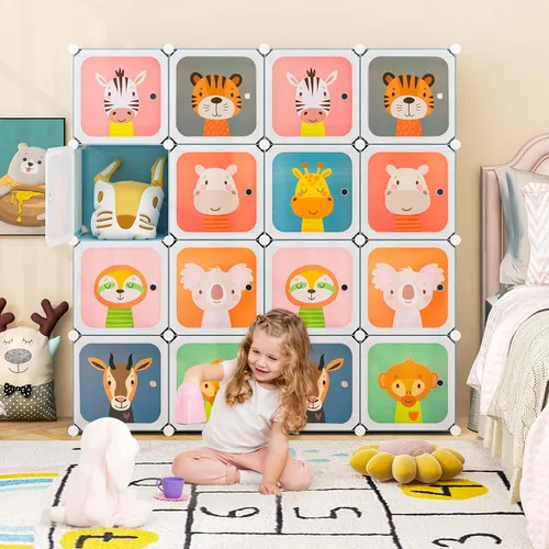 Vista 2 de HONEY JOY Armario para niños, organizador de almacenamiento de ropa de dibujos animados para bebés, 8 cubos y 2 secciones para colgar, armario Azul
