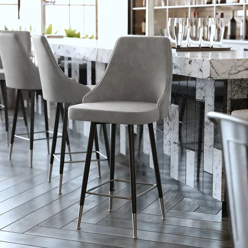 Vista 2 de Flash Furniture Shelly - Juego de 2 taburetes de bar comerciales de altura de mostrador, tapicería LeatherSoft gris, marcos de metal negro, 26