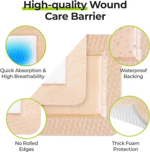 Vista 2 de AUVON Apósito de espuma de silicona con borde adhesivo grande, 3 x 3 pulgadas, 10 paquetes de vendajes para heridas con alta absorbencia, apósitos