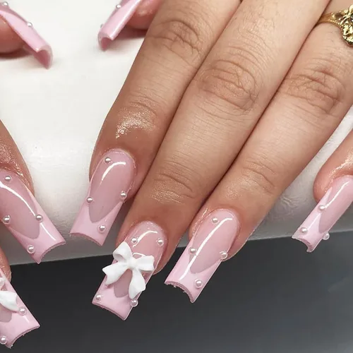 Vista 12 de Lindas uñas a presión de tamaño mediano - Uñas falsas cuadradas con punta francesa, uñas acrílicas rojas de cobertura completa brillantes