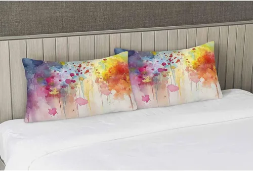 Vista 5 de EKOBLA Funda de almohada de arte abstracto, acuarela, lienzo de color azul, amarillo, rojo, vívido salpicaduras, decoración lumbar, funda