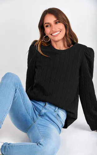 Vista 5 de PRETTYGARDEN Sudaderas de manga abullonada para mujer, para otoño, casual, cuello redondo, textura torcida sólida, sin botones