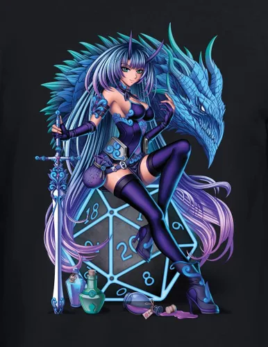 Vista 2 de Camiseta inspirada en Calabozos y Dragones Anime Girl- Camiseta exclusiva de manga corta RPG Gamer - Negro, Gris Blanco