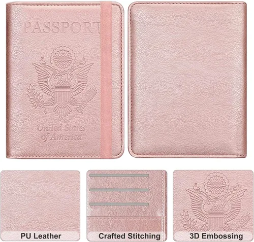 Vista 5 de RSAquar Combo de portatarjetas de pasaporte y vacunación, funda de pasaporte, funda de cuero para tarjetas de viaje, accesorios con bloqueo RFID