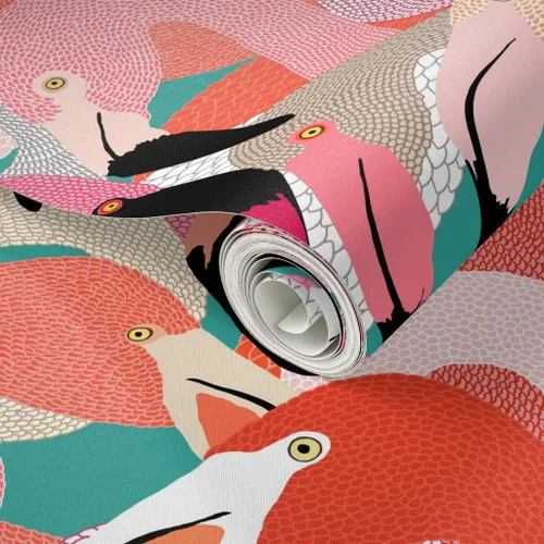 Vista 2 de Spoonflower Despegar y pegar muestra de papel tapiz - Naranja Rosa Grande Flamenco Pájaro Plumas Tropical Florida Coastal Collage Ilustración Casa