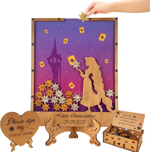 Vista 19 de Alternativa personalizada para libro de invitados de quinceañera, marco de madera rosa rubor, recuerdo de inscripción, princesa dulce 15 Mis