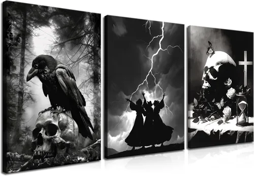 Vista 13 de Juego de 3 lienzos góticos para pared, diseño de rosas románticas de Halloween, decoración de pared, pósteres de calavera de cuervo gótico oscuro