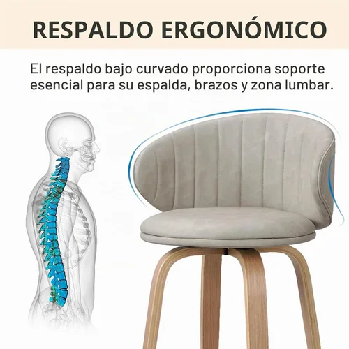 Vista 3 de Juego de 2 taburetes de bar modernos de madera curvada de mediados de siglo, taburetes giratorios de piel sintética con respaldo para encimera