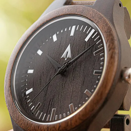 Vista 8 de Reloj Treehut para hombre de madera de ébano y nogal con correa de madera y movimiento de cuarzo analógico