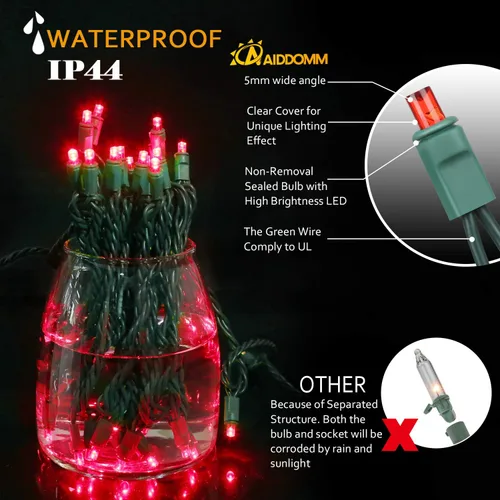 Vista 2 de Luces LED de Navidad, 50 unidades, luz LED de Navidad sin costuras para exteriores e interiores, grado de iluminación comercial, luz roja, cable