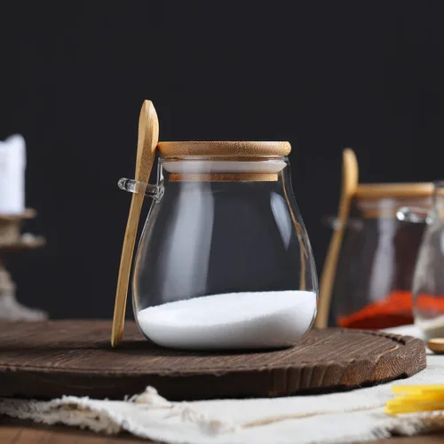 Vista 3 de Joeyan Tarro de vidrio con tapa hermética de bambú y cuchara adjunta, recipiente para condimentos de especias de azúcar y sal de 12 onzas, olla 2