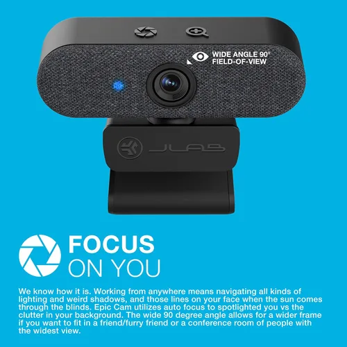 Vista 6 de JLab Epic Cam, cámara web USB 2K, enfoque automático, micrófonos duales, negro