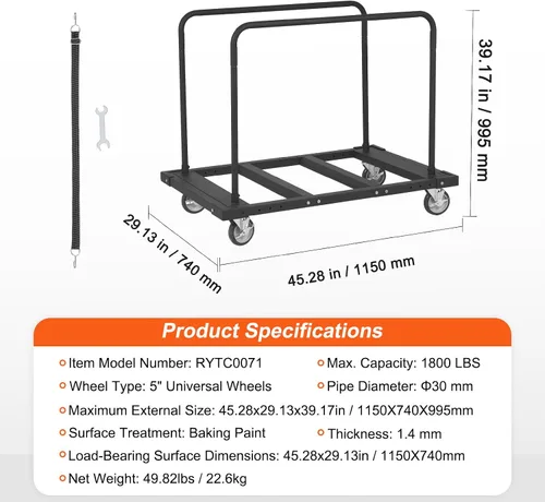 Vista 7 de VEVOR Carrito de mesa plegable, carrito de mesa resistente con ruedas giratorias de 5 pulgadas, carrito de plataforma de paneles de yeso de 1800