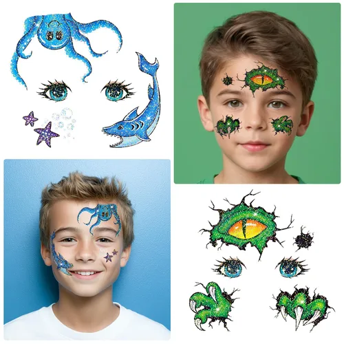 Vista 4 de Leesgel 24 hojas de tatuajes faciales con purpurina para niños, tatuajes de pintura facial para cumpleaños de niños y niñas, recuerdos de fiesta