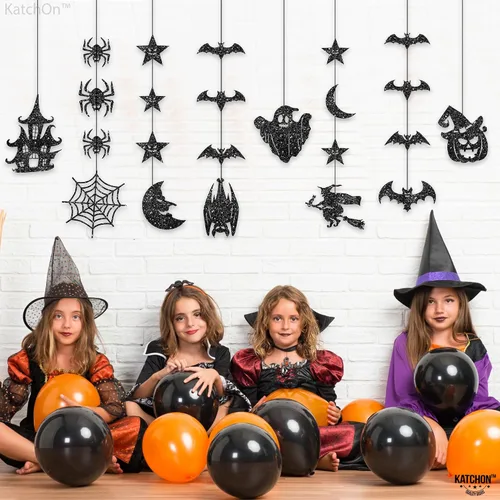 Vista 7 de KatchOn, Guirnalda de Halloween negra con purpurina, enorme, paquete de 10 unidades, guirnalda de decoración de fiesta de Halloween con recortes