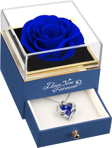 Vista 11 de NEWNOVE Rosa real preservada en color azul claro con collar de ángel, regalos de aniversario y cumpleaños para mujeres, esposa, novia, mamá, ideas