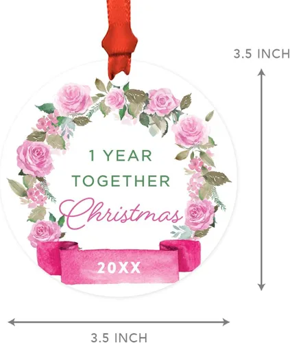 Vista 5 de Andaz Press Adorno de Navidad de madera grabado con láser para aniversario de boda, 1 año juntos, Navidad 2025, pancarta de flores rosas, 1 paquete