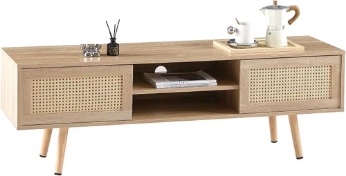 Vista 8 de Mesa auxiliar bohemia, mueble de TV moderno de 55 pulgadas, mesa de centro rectangular de madera con puerta corredera para almacenamiento, mesas