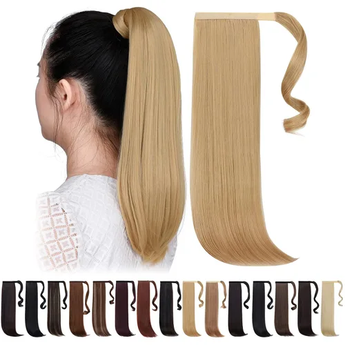 Vista 26 de Extensiones de cola de caballo negras, colas de caballo rizadas con clip, 22 pulgadas, 3.5 onzas, extensión de cabello sintético envolvente del pelo