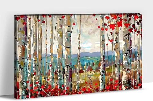 Vista 43 de UZMKM Lienzo decorativo de abedul para pared, pintura de bosque otoñal, imagen panorámica de paisaje, vista de la naturaleza amarilla, obra de arte