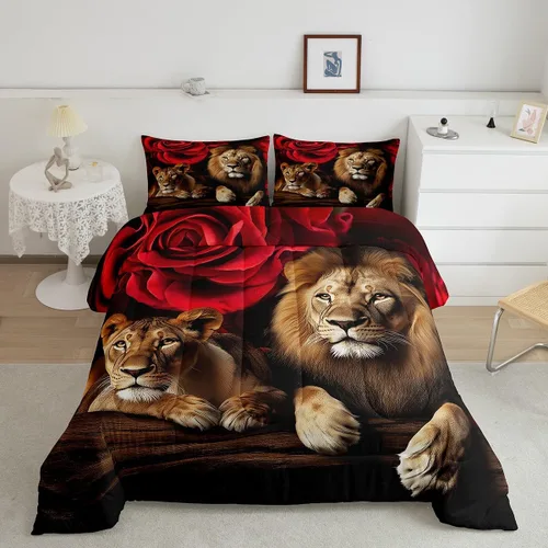 Vista 46 de Erosebridal Juego de ropa de cama de guepardo con rosa roja, juego de edredón con estampado de leopardo y gato, edredón romántico de plumón, Multi 03