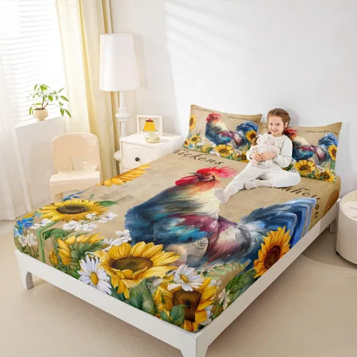 Vista 3 de Bonita sábana bajera ajustable para niños, tamaño individual, juego de ropa de cama rústica de pollo, decoración de dormitorio para niños y adultos