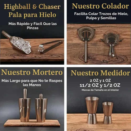 Vista 9 de Kit de bartender Highball & Chaser con soporte de bambú negro, hermoso juego de coctelera, juego y herramientas para barra, agitador Boston de acero