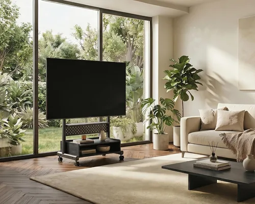 Vista 8 de FITUEYES Soporte de suelo de TV rodante para televisores de 40 a 85 pulgadas, soporte de TV móvil resistente con ruedas con cerradura, carrito de TV