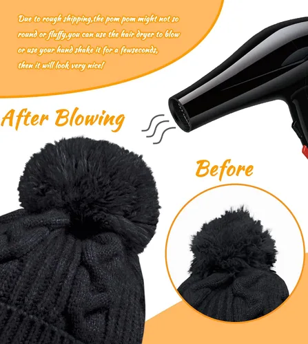 Vista 5 de KMOLY Gorro de punto de invierno para mujer con pompones, gorro de calavera cálido con solapas para las orejas para mujer