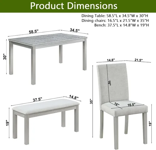 Vista 7 de LUMISOL - Juego de mesa de comedor de madera maciza con 4 sillas tapizadas y banco para cocina, comedor, sala de estar, gris plateado