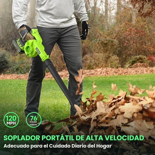 Vista 2 de Soplador de hojas inalámbrico con batería y cargador, soplador eléctrico inalámbrico de 20 V, soplador de hojas pequeñas de 120 MPH, soplador