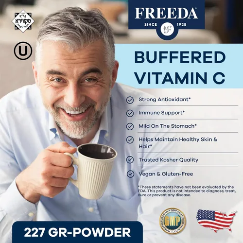 Vista 2 de FREEDA Vitamina C en polvo tamponada, suave para el estómago, vitamina C, no ácida, vegana, kosher, sin azúcar, para apoyo inmunológico y bienestar
