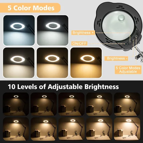 Vista 3 de Lupa con luz y abrazadera, lámpara de aumento de escritorio de 15X 10X, lupa de lente de cristal real de 84 LED, 5 modos de color regulable sin