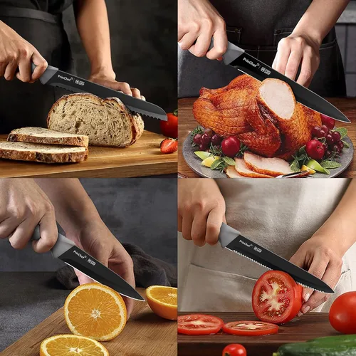 Vista 5 de PrinChef Juego de cuchillos, 19 cuchillos a prueba de óxido para cocina, con soporte acrílico, afilador, tijeras y pelador, juego de cuchillos