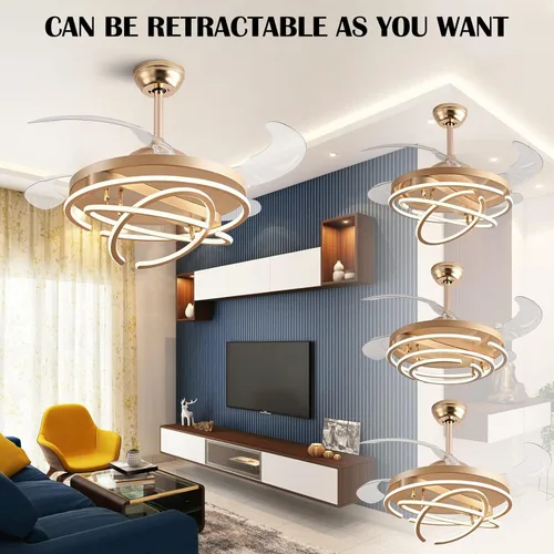 Vista 5 de Ventiladores de techo retráctiles de 42 pulgadas con control remoto de luces, modernos anillos de ventilador de techo LED, ventiladores de techo