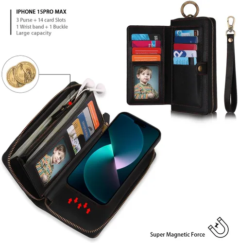 Vista 5 de LITOU Funda compatible con iPhone 15 Plus para mujeres y hombres, funda de piel con cierre de pulseras, tarjetero con bloqueo RFID, funda magnética