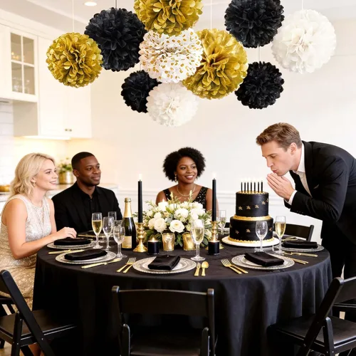 Vista 6 de NICROLANDEE Suministros de fiesta negros y dorados para graduación 2026, 12 pompones de tejido de 12 pulgadas decorativos para graduación, boda