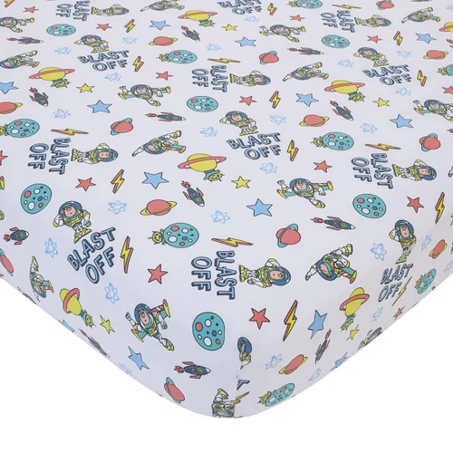 Vista 3 de NoJo Disney Toy Story Buzz Lightyear - Juego de ropa de cama para cuna de 3 piezas, color azul, naranja y amarillo, 100 % algodón