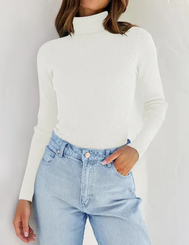 Vista 2 de ZESICA Camisas de manga larga de cuello alto para mujer, camisetas básicas de otoño, suéter de punto acanalado ajustado