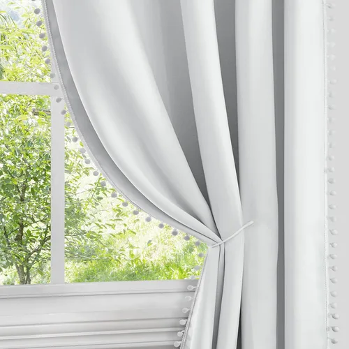 Vista 11 de HOMEIDEAS Cortinas opacas con pompones grises de 52 x 63 pulgadas de largo, con ojales, para oscurecer la habitación, 2 paneles para dormitorio