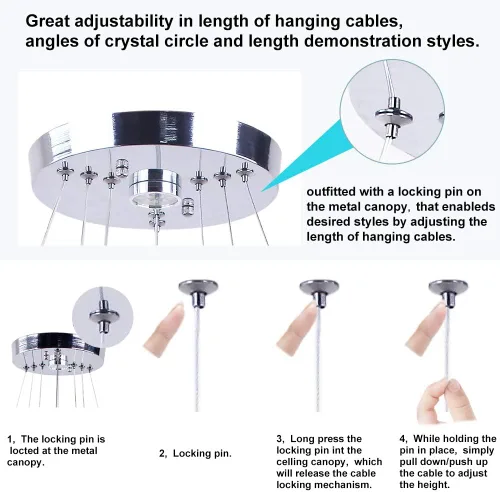 Vista 4 de Lámparas de araña LED de cristal, lámpara colgante moderna para comedor, lámpara de techo ajustable con 3 anillos, de acero inoxidable, blanco frío