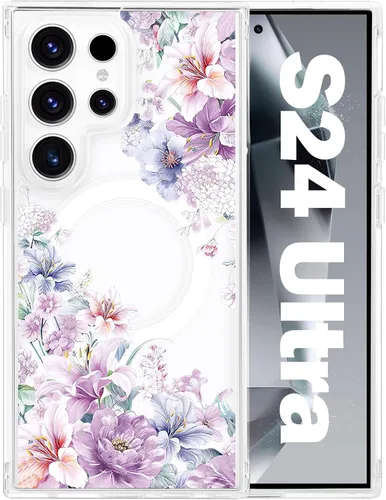 Vista 35 de Funda magnética para Samsung Galaxy S22 Ultra Flower, compatible con MagSafe, patrón floral transparente a prueba de golpes, parte trasera