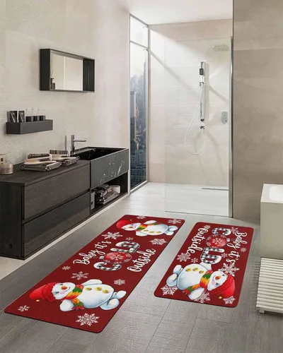 Vista 2 de Tapete de baño de muñeco de nieve rojo para bañera, antideslizante, de secado rápido y absorbente, tierra de diatomeas, fregadero, dormitorio