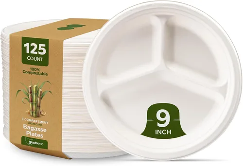 Vista 9 de Platos ecológicos, desechables, biodegradables, ultrarresistentes, de papel de caña de azúcar