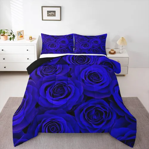 Vista 12 de Juego de edredón de rosas rojas, tamaño individual, juego de ropa de cama floral rojo degradado negro para niñas, mujeres, niños, adolescentes