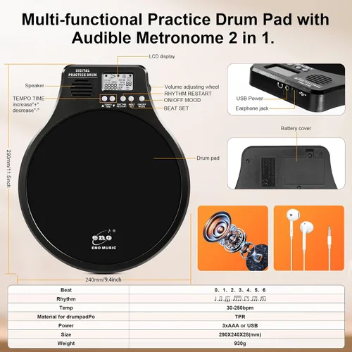 Vista 3 de ENO MUSIC Dispositivos de práctica de tambor de percusión y metrónomo electrónico integrado 2 en 1 Instrumentos musicales electrónicos Almohadilla