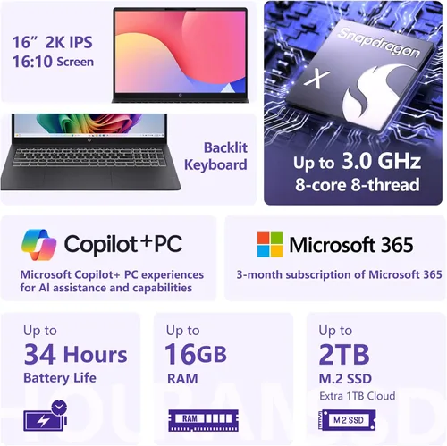 Vista 2 de HP OmniBook 3 16 pulgadas 2K nuevo modelo portátil con Microsoft 365, Qualcomm 8-Core CPU para Copilot+, 16 GB de RAM, SSD de 1 TB, teclado