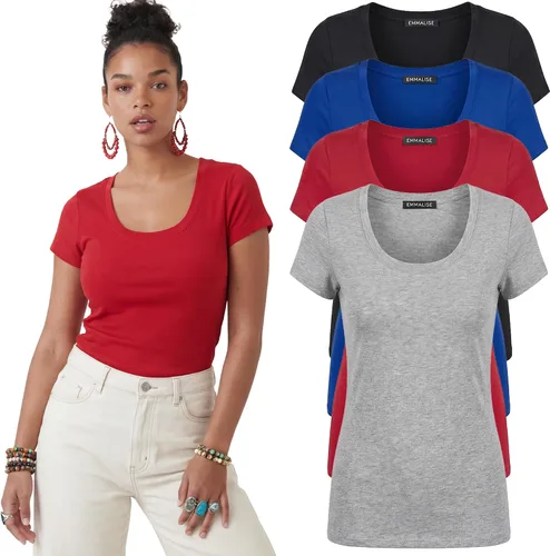 Vista 60 de Emmalise - Camiseta de manga corta para mujer, cuello redondo, estilo básico, pack de valor, tallas junior y grandes