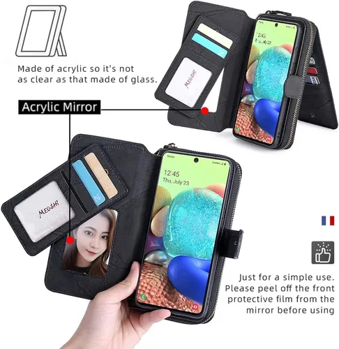 Vista 4 de Asuwish Funda de teléfono para Samsung Galaxy A71 5G con cremallera, funda desmontable con protector de pantalla y soporte de cuero para tarjetas